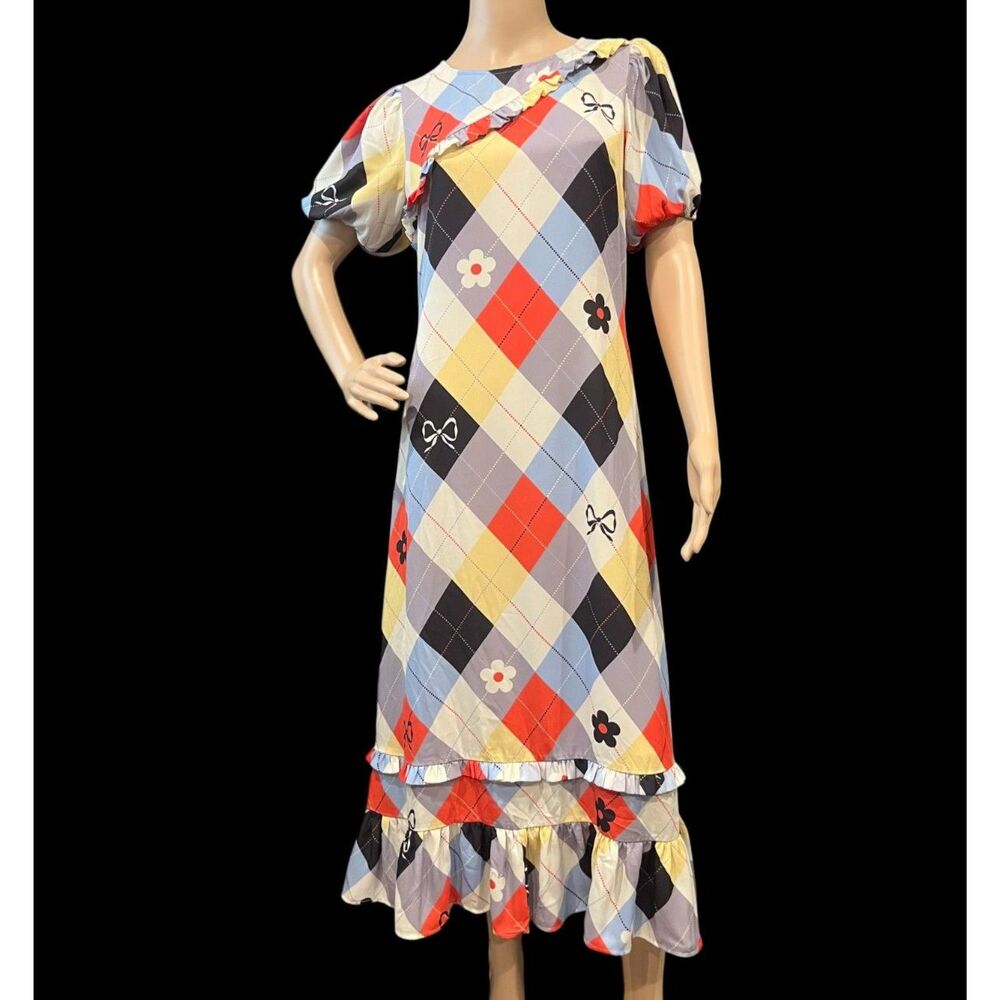 Lisa Says Gah Teagan Dress Multicolor Cirque Argyle Whimsical Pattern Sz S - Picture 2 of 9